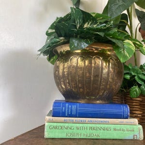May include: A gold-colored, ornate planter filled with green and white leafy plants sits atop a stack of books. The books are blue, white, and green, with titles including "The Deepening Stream" and "Gardening with Perennials". The arrangement is on a brown table.