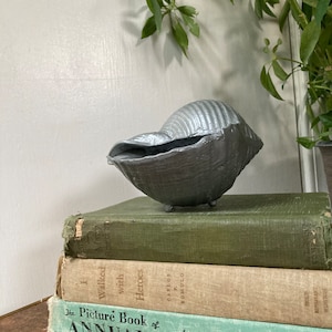 May include: A silver seashell sits on top of a stack of three books. The top book is green, the middle book is beige, and the bottom book is light blue. The book titles are visible: "The Picture Book of Annuals" and "I Walked with Heroes".