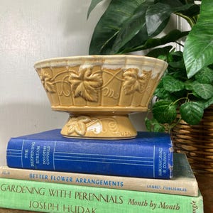 May include: A tan ceramic planter with a pedestal base, adorned with embossed leaf designs. The planter sits atop a stack of books with titles like "The Deepening Stream" and "Gardening with Perennials".