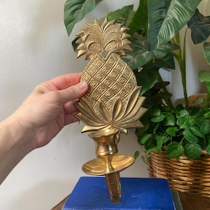 May include: A gold-colored pineapple-shaped wall sconce. The sconce features a detailed pineapple design with a candle holder base. The sconce is held in front of a background of green plants and books.