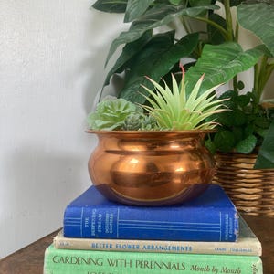 May include: A shiny copper-colored planter filled with succulents sits atop a stack of vintage books. The books are blue, white, and green, with titles like "The Deepening Stream" and "Gardening with Perennials." Lush green plants are in the background.