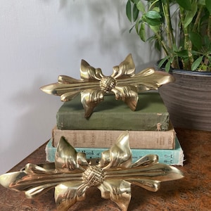 May include: Two gold-toned metal decorative bookends shaped like a bow with a floral design in the center. The bookends are sitting on top of a stack of books.
