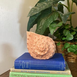May include: A peach-colored seashell sculpture sits atop a stack of vintage books. The books are blue, beige, and green, with titles including "The Deepening Stream" and "Gardening with Perennials." A large green plant is in the background.