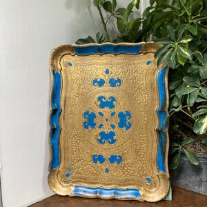 Vintage Blue and Gold Florentine Tray - Etsy