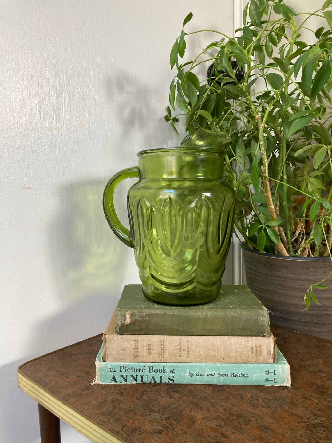 Vintage Green Glass Pitcher - Etsy