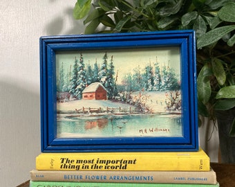 Mini winter scene painting in blue frame.  C