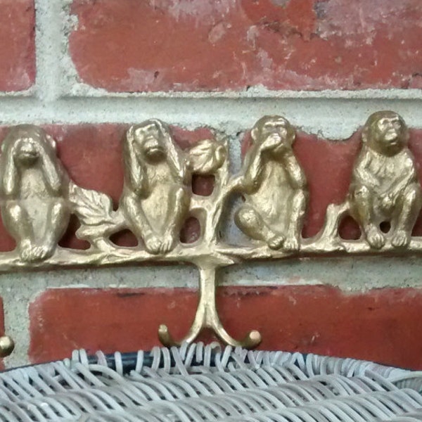 Brass monkey coat hook see no evil monkeys wall hook monkey decor brass coat hook