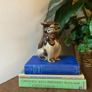 May include: A ceramic Foo Dog figurine in brown and cream tones sits atop a stack of vintage books. The books are blue, green, and off-white, with titles visible. The figurine is a decorative item, possibly for home decor.