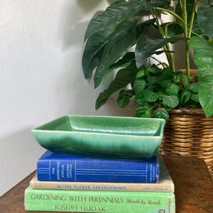 May include: A rectangular, light green ceramic dish sits atop a stack of books. The books are titled "The Deepening Stream", "Better Flower Arrangements", and "Gardening with Perennials". A large green plant is in the background.