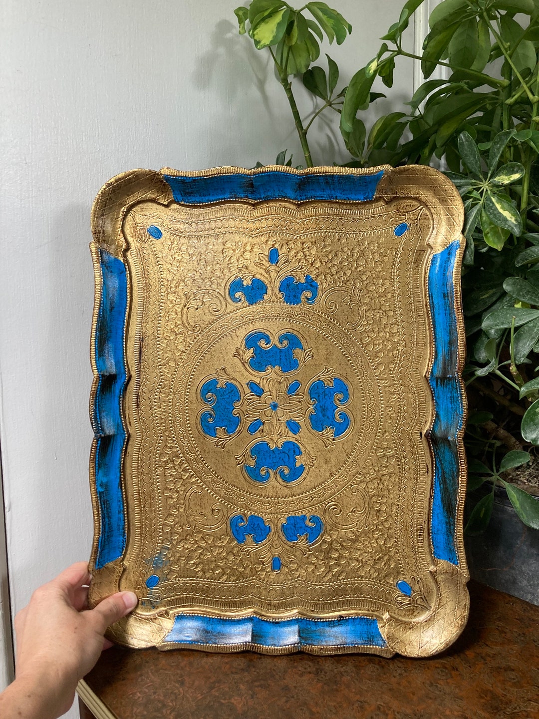 Vintage Blue and Gold Florentine Tray - Etsy