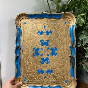 Vintage Blue and Gold Florentine Tray - Etsy