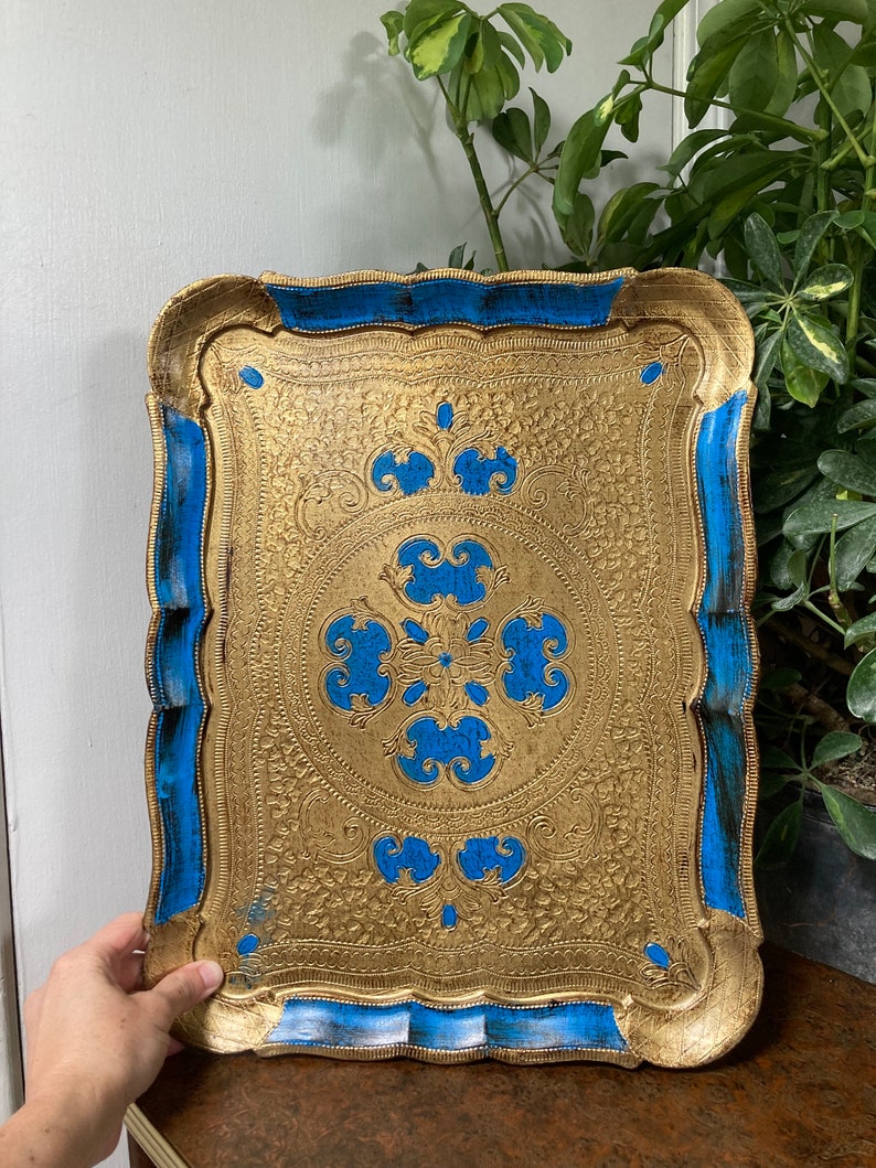 Vintage Blue and Gold Florentine Tray - Etsy