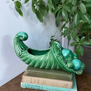 May include: A green ceramic cornucopia planter with a textured surface and a curled horn. The planter is sitting on top of a stack of books.