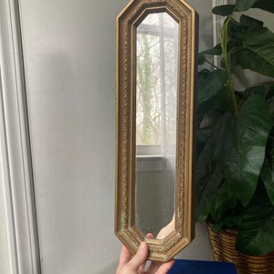 May include: A long, gold-framed mirror with an octagonal shape. The frame has a detailed, ornate design. The mirror is held by a hand, and the background includes a plant and books.