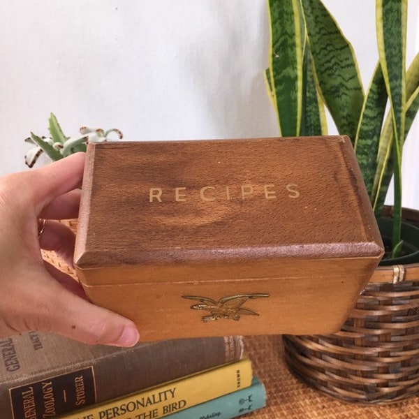 Wood recipe box with brass eagle