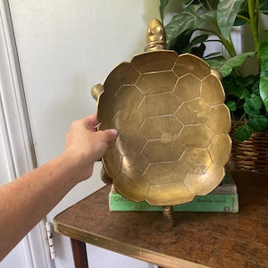 May include: A brass turtle-shaped dish featuring a shell with a geometric hexagonal pattern. The dish has a head and four legs extending from the base, with a metallic gold finish and visible signs of natural patina across the surface.