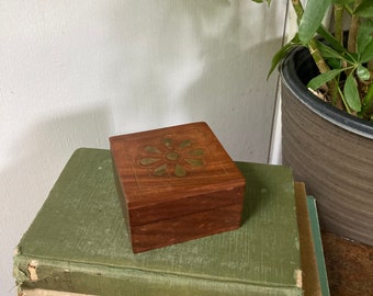 Square wood box with brass flower inlay