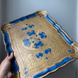 Vintage Blue and Gold Florentine Tray - Etsy