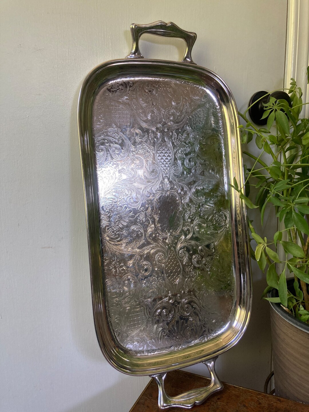 Etched Silver Tray With Handles Etsy