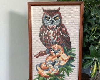 Vintage framed owl crewel