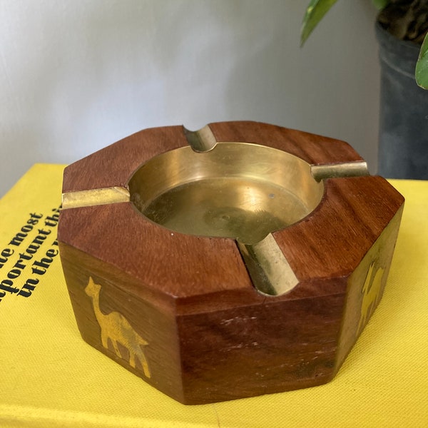 Wood and brass ashtray