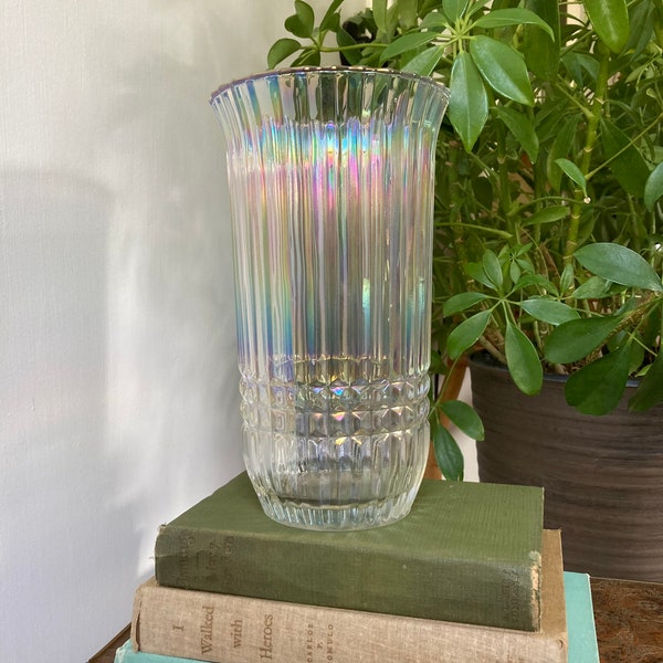 Tall iridescent glass vase