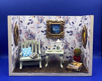 Α customized corner for reading diorama, wooden roombox