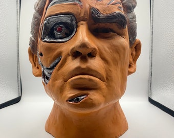 Terminator sculpture, Arnold Schwarzenegger statue, figure, head, terracotta clay ceramic portrait