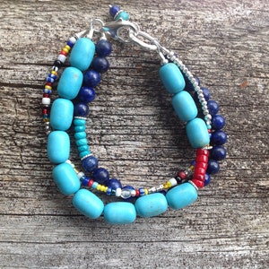 Natural turquoise, Lapis, Coral, Seed Bead and Fine Silver Bracelet