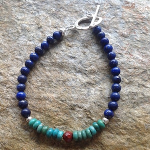Lapis, Turquoise, Coral and Sterling Silver bracelet
