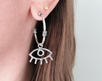 Evil Eye Solid Silver 925 Hopp Earrings with Charm Handmade Jewelry