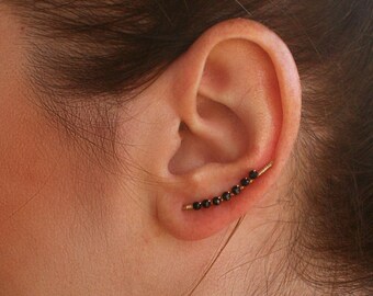 Ear Climber Earrings Black Spinel Stone Beaded Minimalist