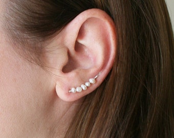 Ear Climbers Freshwater Real Pearl Sterling Silver 925 Minimalist Earrings