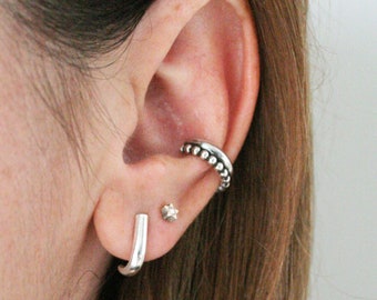 Silver 925 Conch Ear Cuff Chunky Beaded Cuff No Piercing Unique Stacking Ear Cuff