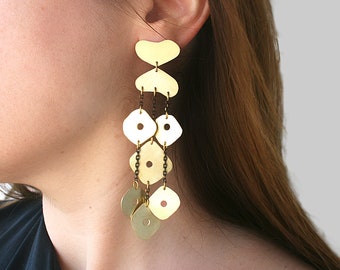 Long Dangling Brass Metal Gold Earrings Contemporary Artistic Unique Gift for Women Chandelier Earrings Big Statement