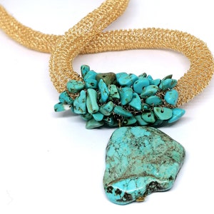Chunky necklace, statement necklace, gold with turquoise beads and raw turquoise stone, choker, gemstone, wire crochet jewelry, beaded, boho