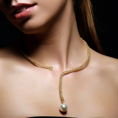 Pearl Choker Necklace Gold Wire Crochet Single Pearl Choker Etsy