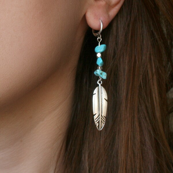 Turquoise and Silver Boho Feather Single Dangle Earring