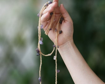 Amethyst necklace / long, layered necklace / gold, purple / wire crochet / gemstone necklace / raw crystal / birthstone necklace / jewelry