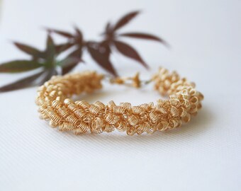 Chunky bracelet, wire crochet, gold, bronze, stacking bracelets, statement, gift for her, handmade jewelry, unique bracelet, wire mesh