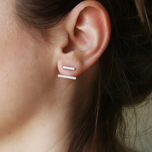 Double Bar Ear Jacket Earrings, Matte Sterling Silver 925, Minimalist Lobe Wrap