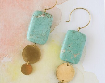 Turquoise Dangle Earrings Gold Brass Handmade Gift for Women Statement Long Earrings