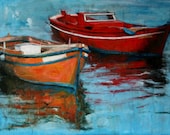 Original boat painting, acrylics on 50 x 70 cm stretched canvas, seascape painting, fine art