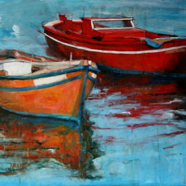 Peinture originale de bateau, acrylique sur la toile étirée de 50 x 70 cm, peinture de paysage marin, beaux-arts