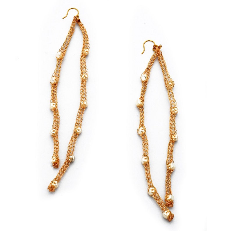 Crochet Earrings Long Gold Beaded Pearl Earrings Dangle Etsy
