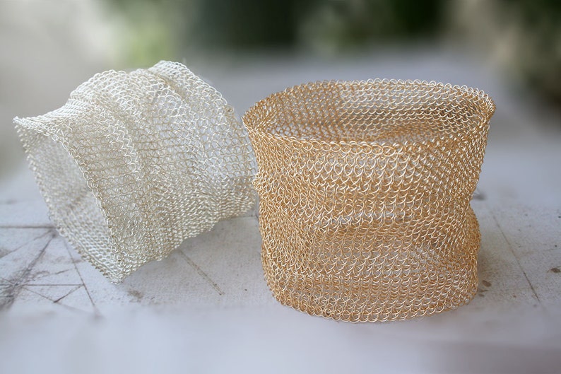 Wide bangle bracelet, cuff, gold, silver, crochet bracelet, knitted, woven, handmade, wire mesh, statement bracelet, women jewelry image 2