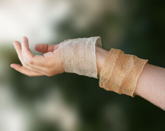 Wide bangle bracelet, cuff, gold, silver, crochet bracelet, knitted, woven, handmade, wire mesh, statement bracelet, women jewelry