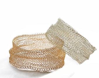 Wide Wire Crochet Bangle Bracelet: Gold or Silver Woven Cuff