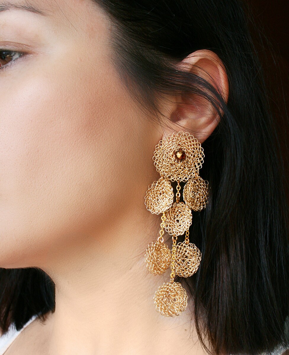Crochet earrings gold long statement chandelier earrings