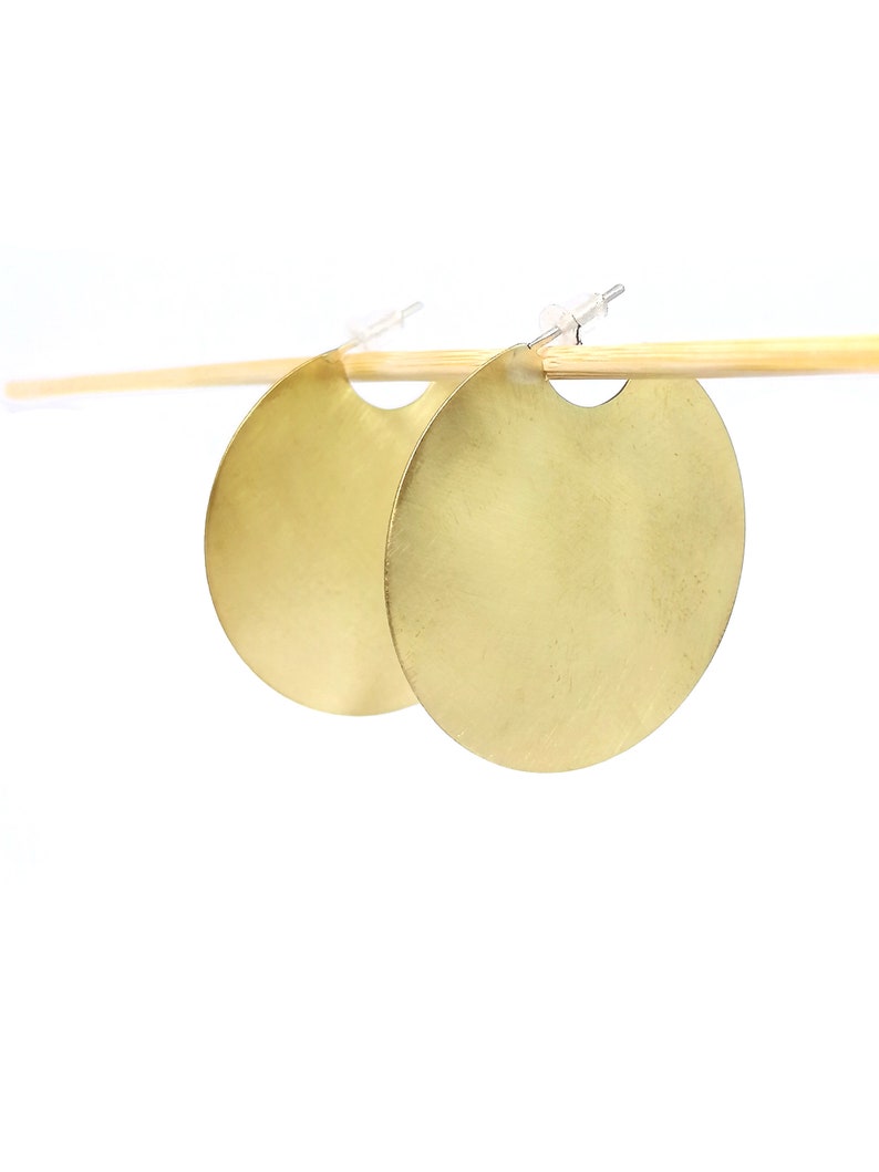 Geometric Disc Hoop Earrings Gold Brass Statement Large Big Circle Handmade Jewelry Cool Round Earrings image 10